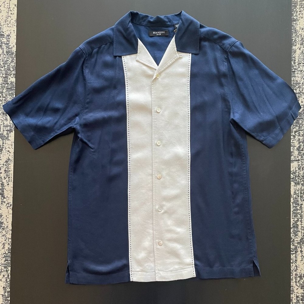 Mens Bowling Shirt, Blue and Beige | Size: Men Small | Ready to Ship